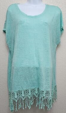 Cato Green Blue Slub Knit Batwing Short Sleeves Top XL Lace Fringe On Hem Flowy